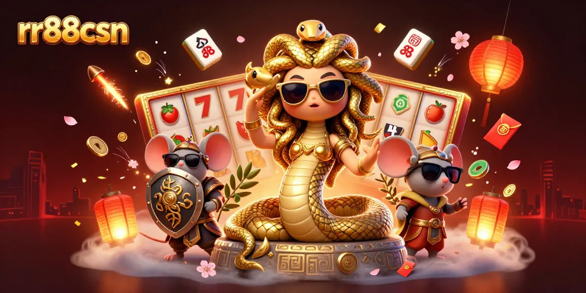 Play slots with fun characters in a vibrant rr88csn casino illustration filled with golden elements.