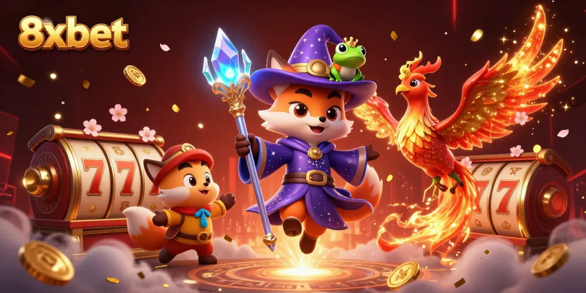 The 8xbet platform features an enchanting 3D wizard fox amidst a lively casino scene, highlighting slot games and vibrant decorations.