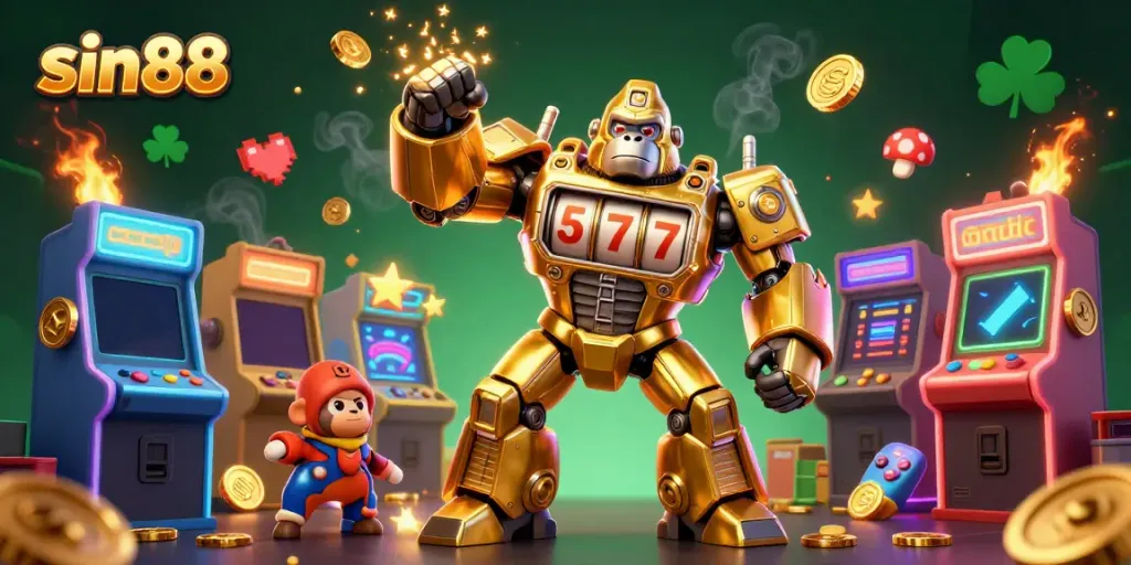 Experience the excitement of sin88 with a dynamic golden gorilla mech and arcade elements illustrating thrilling gameplay.