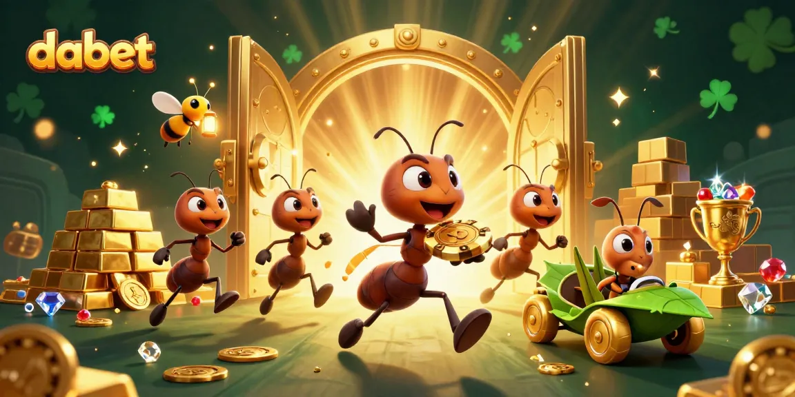 Engage in dabet by following 3D ants on a heist for golden poker chips amidst treasure and excitement.