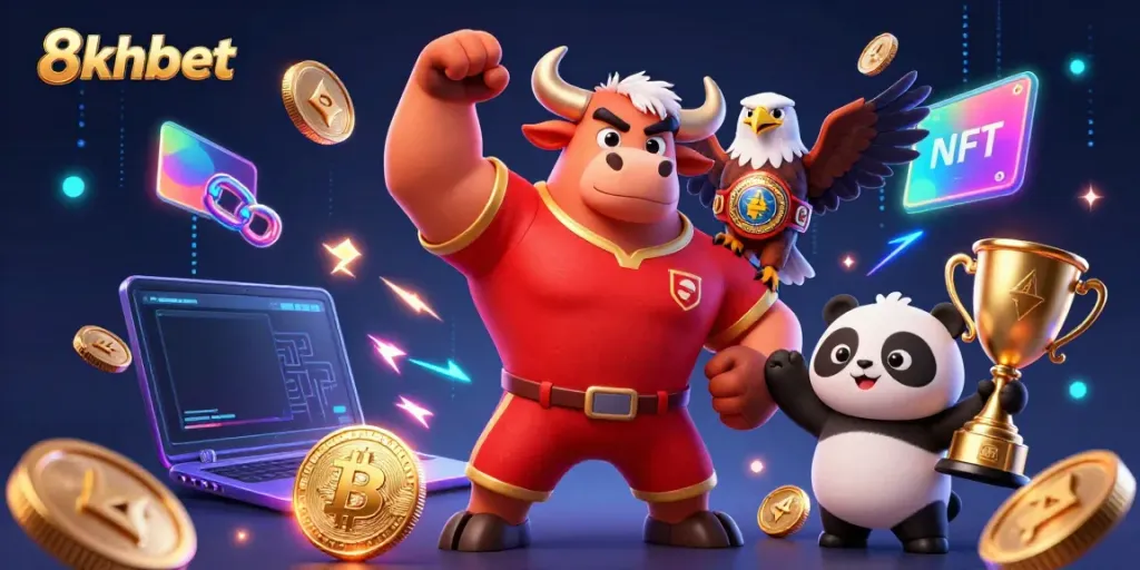 Experience victory and excitement with 8xbet's dynamic casino scene featuring thrilling characters and crypto elements.