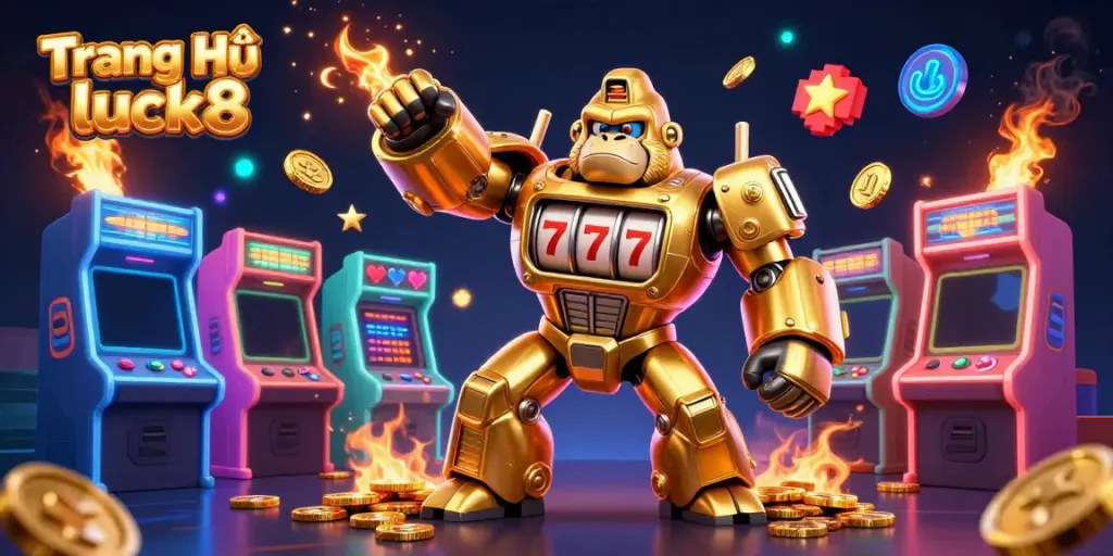 Play exciting slots at Trang Chủ luck8 with a golden gorilla mech surrounded by arcade game elements.