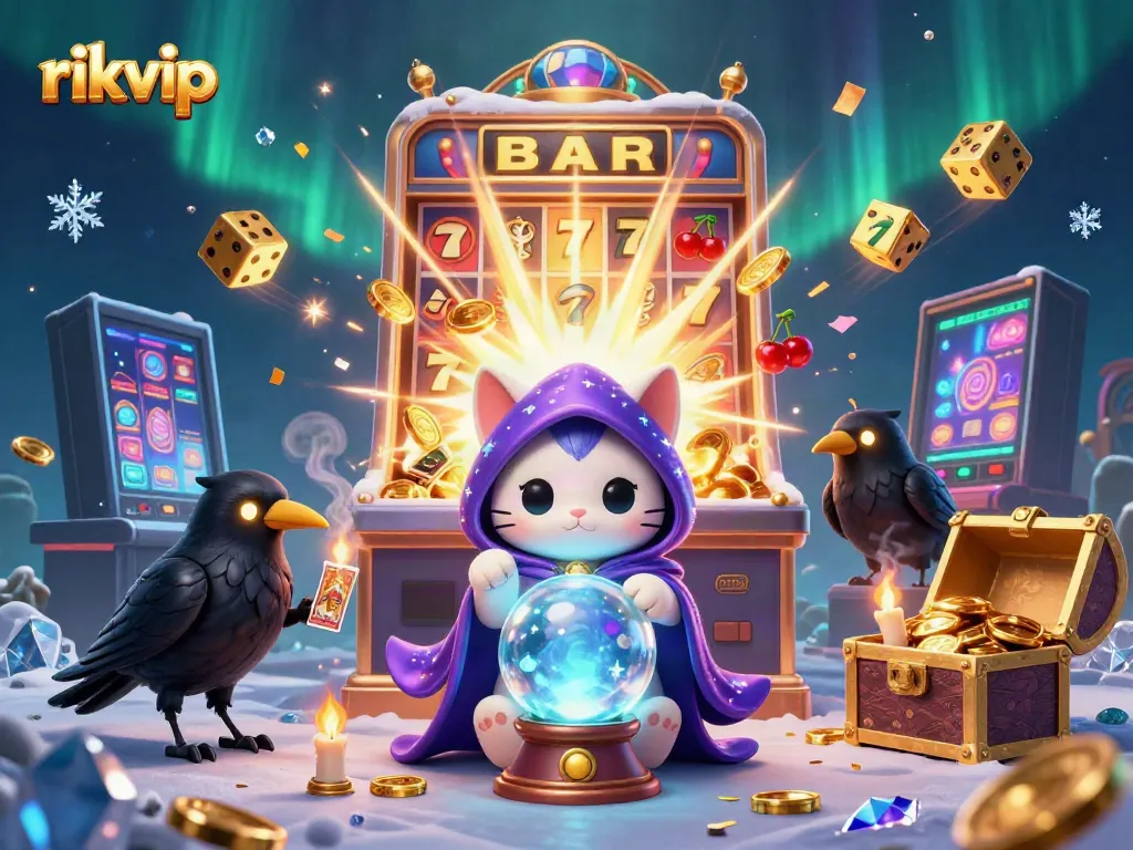 Experience the magical world of rigvip with a fortune teller cat, tarot raven, and slot machine jackpot.