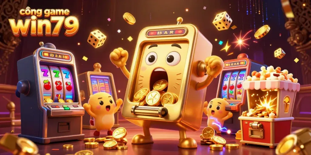 Experience the thrilling action at cổng game win79 with lively slot machines celebrating jackpots amid an exciting casino atmosphere.