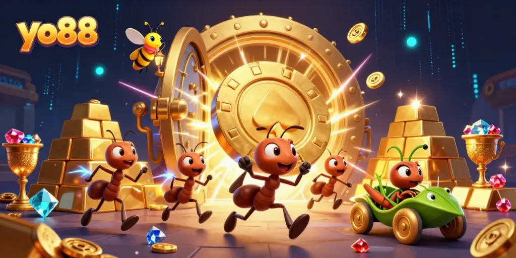 yo88 ants seize a golden poker chip in an animated heist scene filled with treasures and gems.