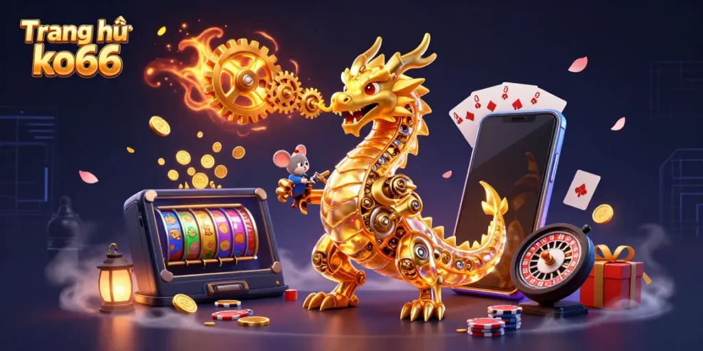 Engage with the dynamic scene of Trang chủ ko66 featuring a golden dragon among casino elements including slot games and gold coins.