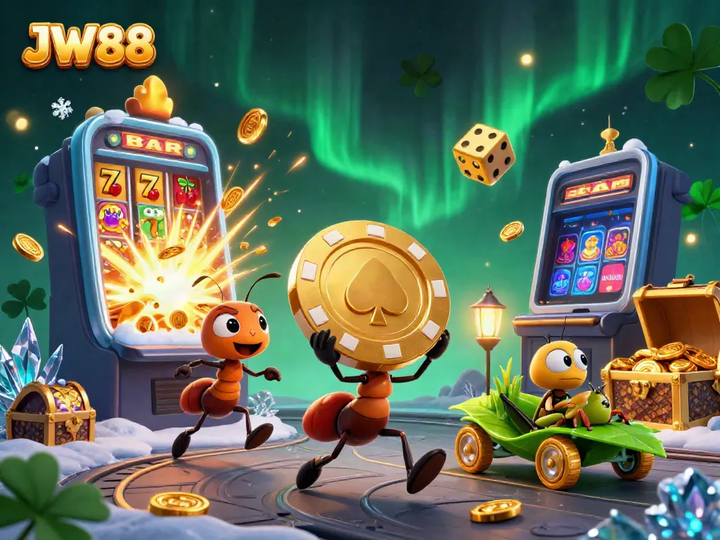 JW88 team of ants stealing a gigantic poker chip with casino elements bursting from a slot machine.