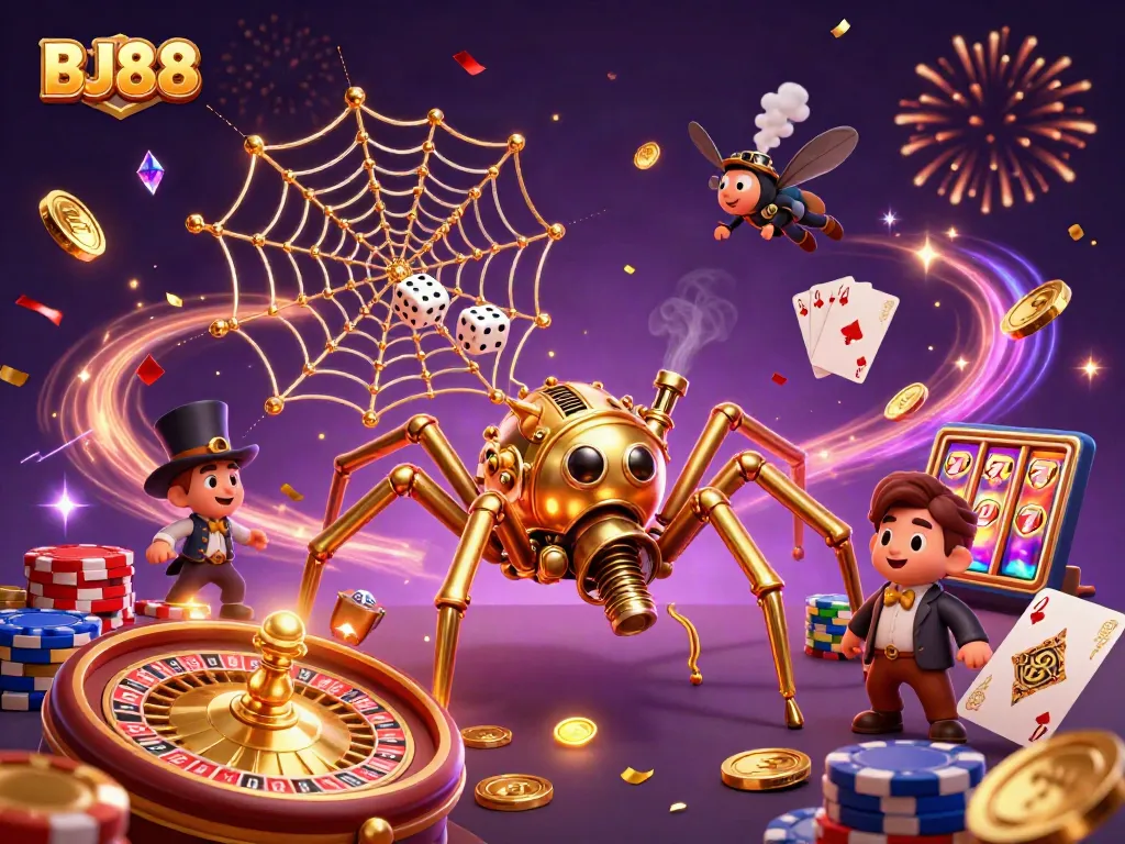 Experience thrilling wins at BJ88 with a vibrant scene featuring steampunk elements and dynamic gaming visuals.