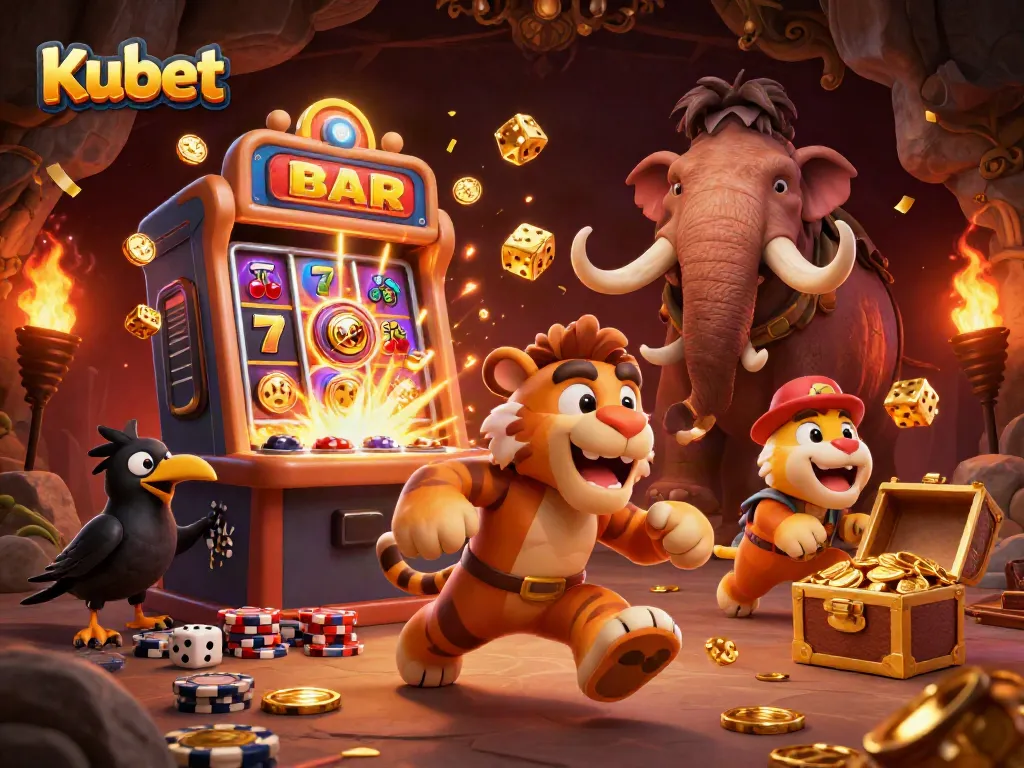 Kubet casino scene with animated characters and a jackpot slot machine, creating an exciting gambling atmosphere