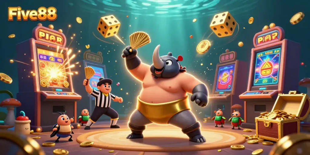 Engage in thrilling games at Five88 with a captivating scene featuring coin-filled jackpot excitement.