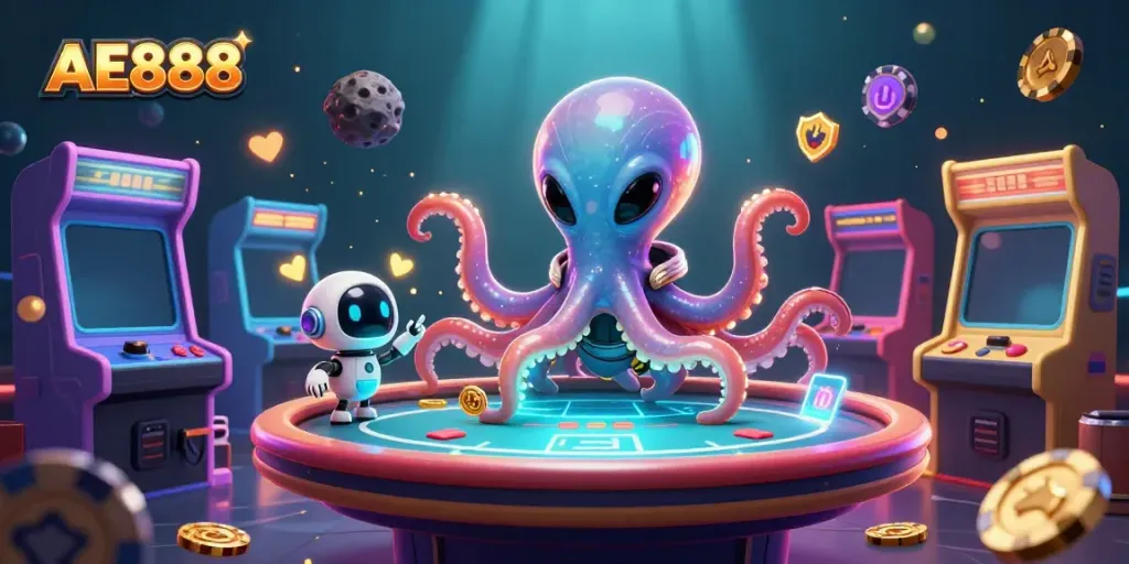 Experience thrilling gameplay with AE888's alien octopus dealer at a vibrant 3D poker table.