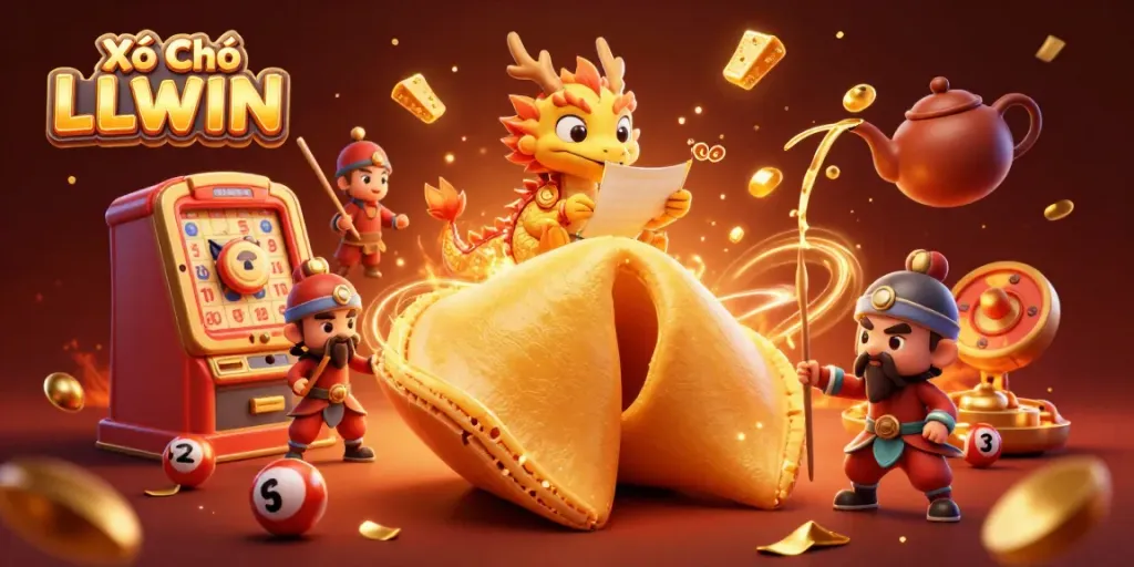 Xổ Số LLWIN features a giant fortune cookie and a wise dragon, celebrating lottery luck.