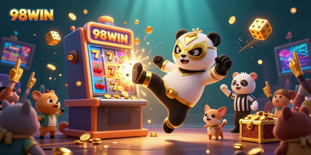 Engage with the thrilling 98WIN scene featuring a wrestler panda and casino excitement.