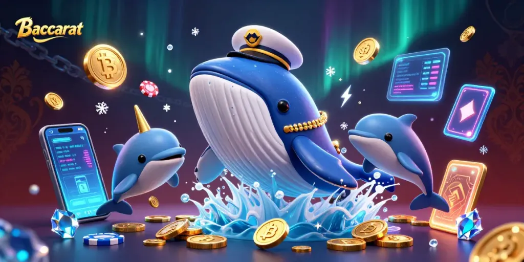 Experience Baccarat in this vibrant scene with a playful whale, narwhal, and dolphins.