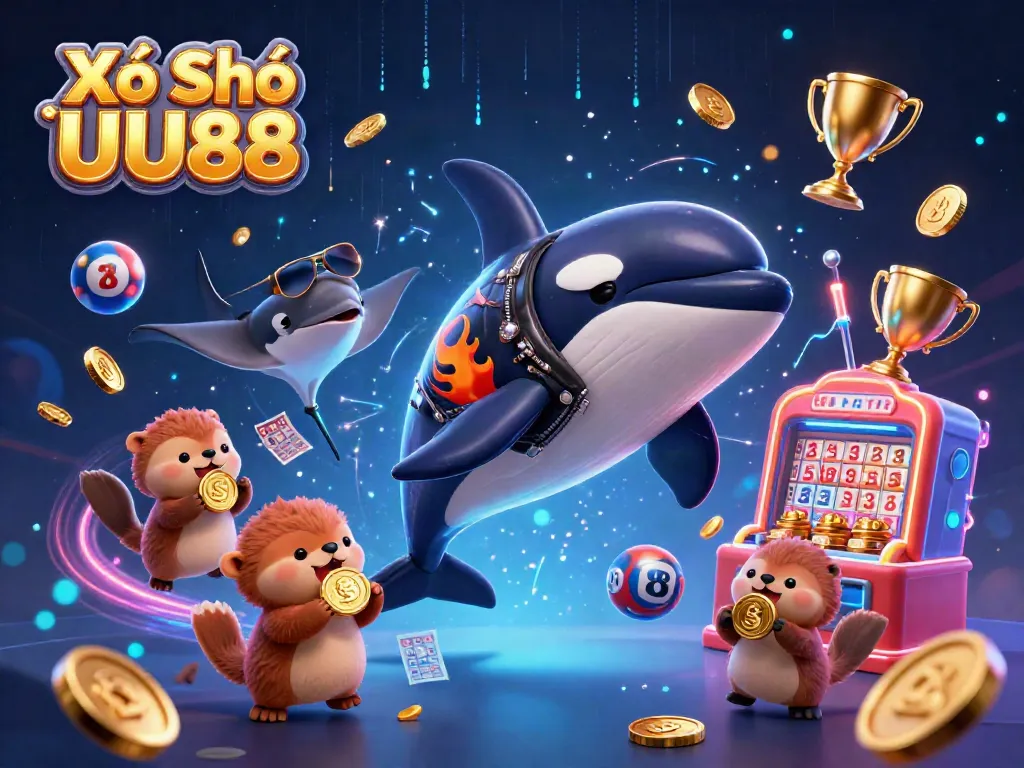 Xổ Số UU88 lottery experience featuring a jumping orca in biker gear with sea animals and dynamic elements.