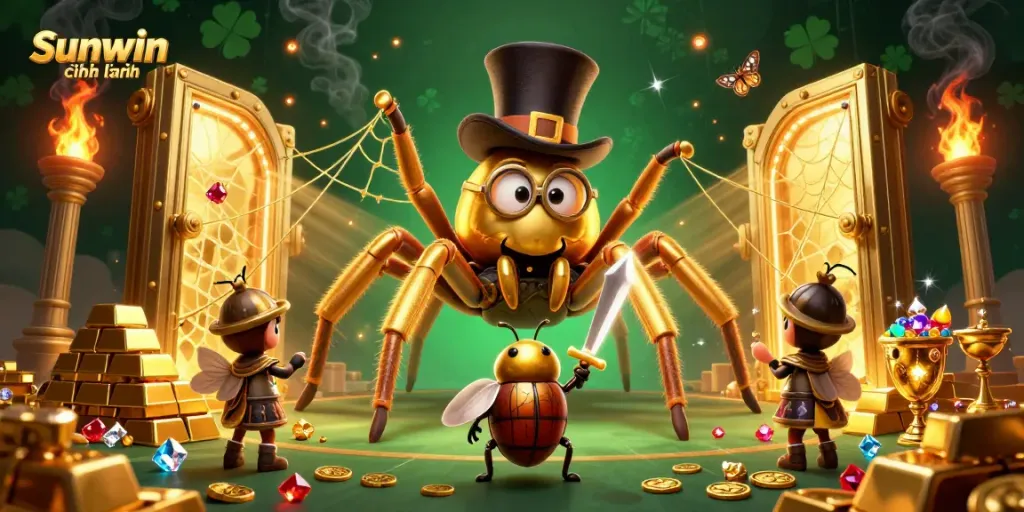 Engage in gameplay with Sunwin chính hãng, featuring a dynamic scene of vibrant casino elements and characters.