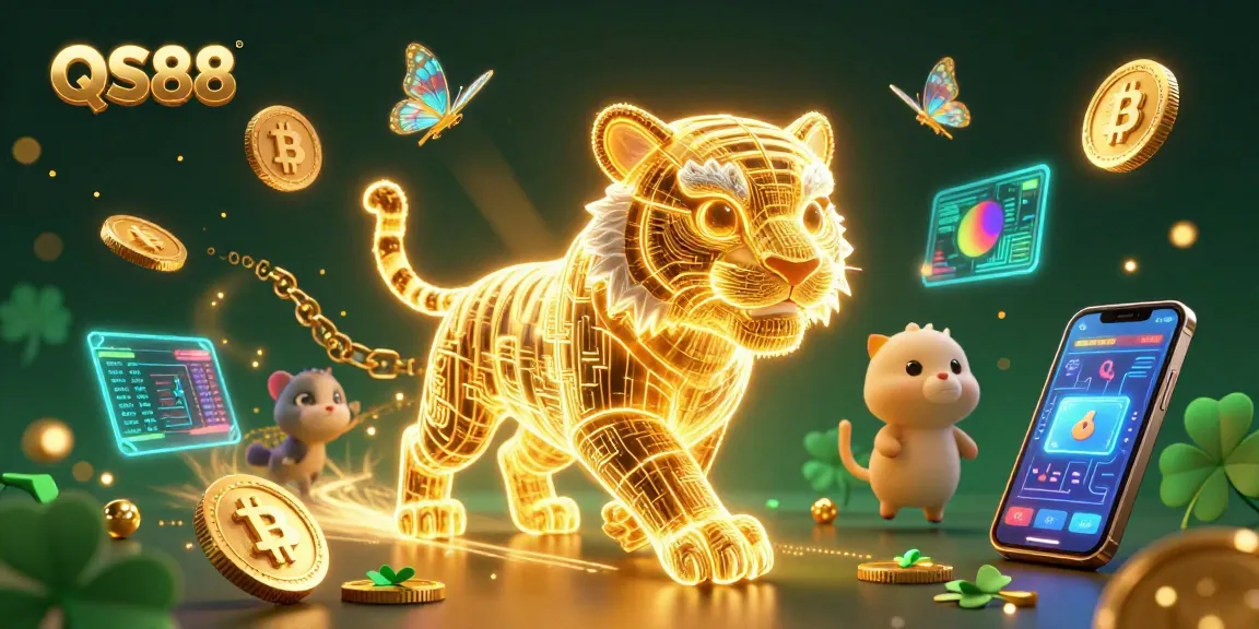 Engage with QS88's vibrant digital casino scene featuring a golden tiger and crypto elements.