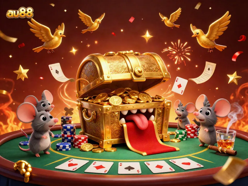 Experience thrilling moments at au88 with a treasure chest enticing adventurer mice, surrounded by poker elements.