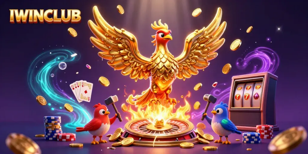 IWINCLUB showcases a golden phoenix and casino elements in a vibrant 3D scene.