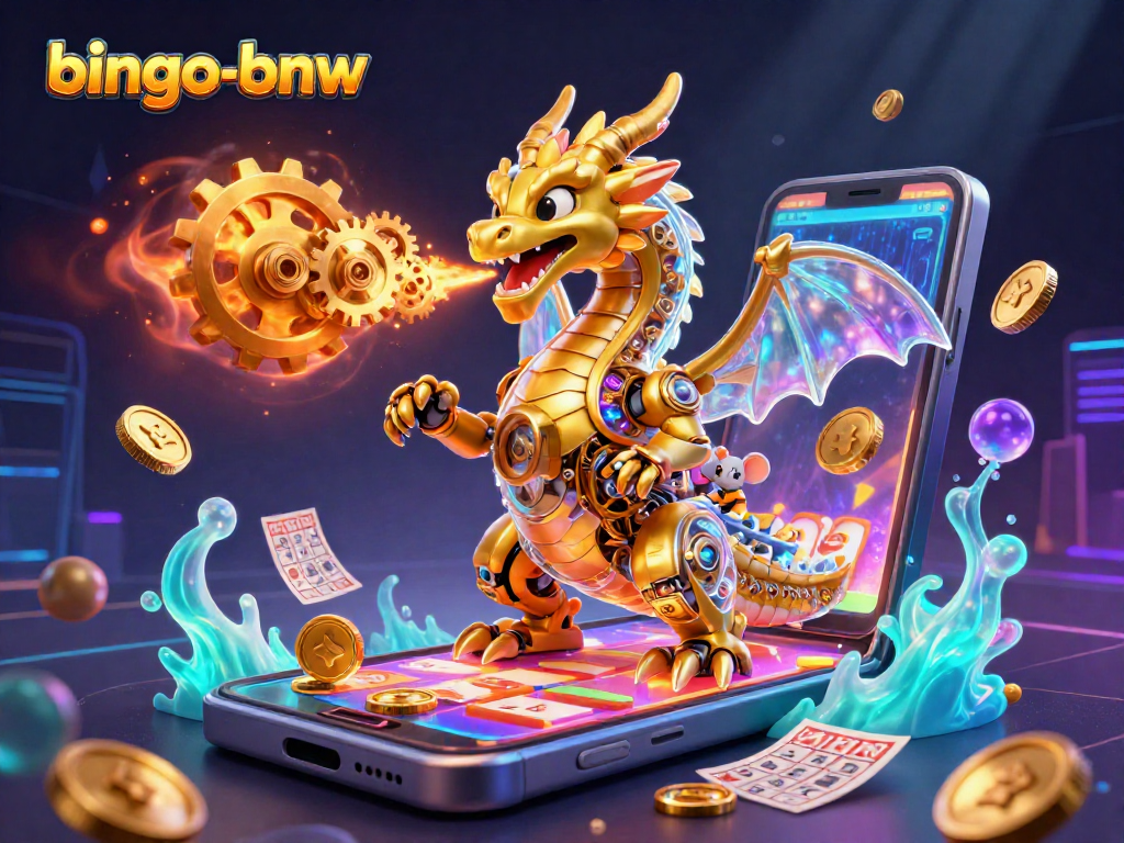 Engage in thrilling gameplay with bingo-bnw as the dragon breathes gears and golden coins erupt in a vibrant scene.