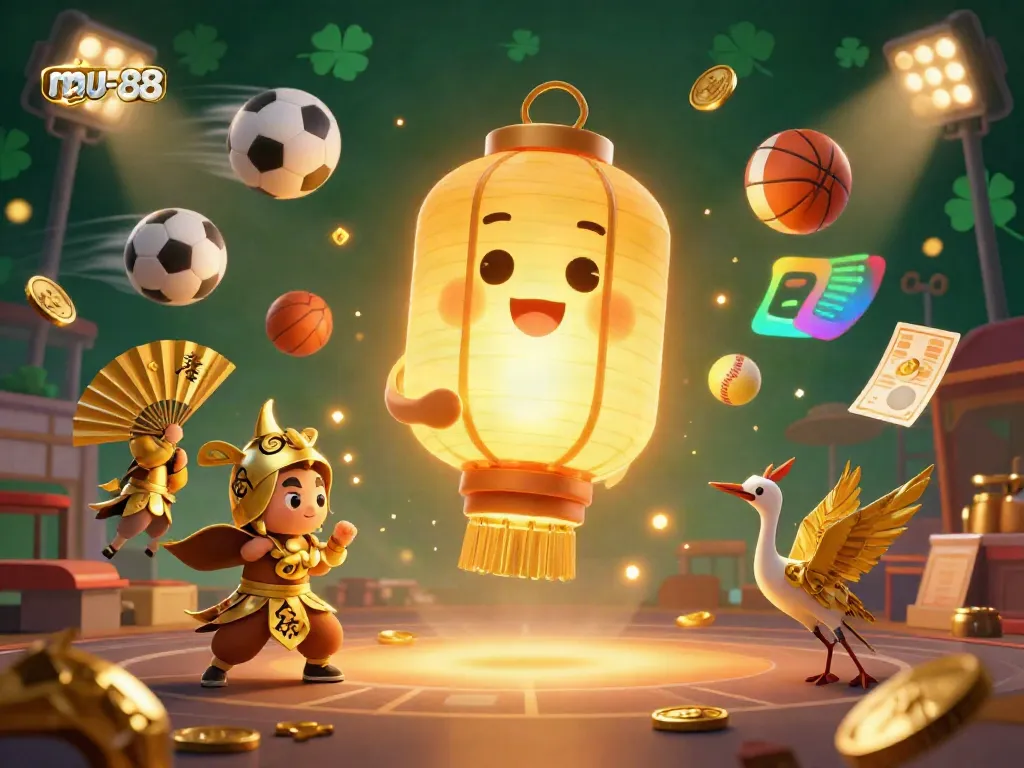 Experience the vibrant casino atmosphere with mu-88's giant lantern spirit surrounded by dynamic sports elements.