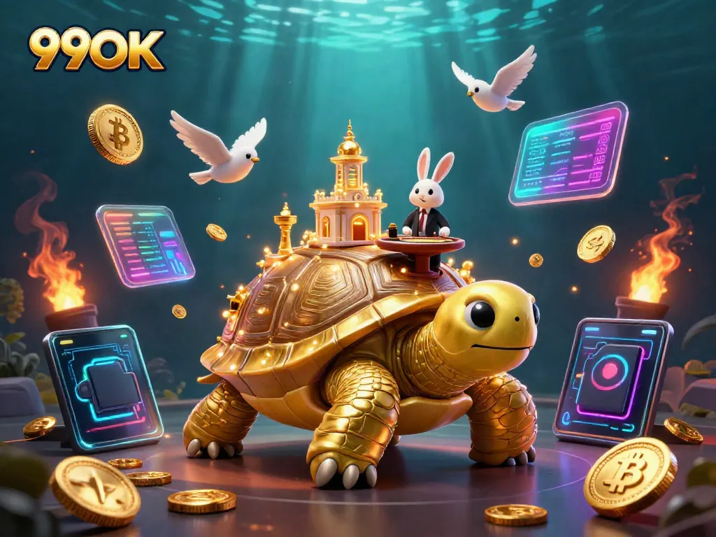 Engage with 99OK's vibrant online casino scene featuring a golden tortoise casino and crypto elements.