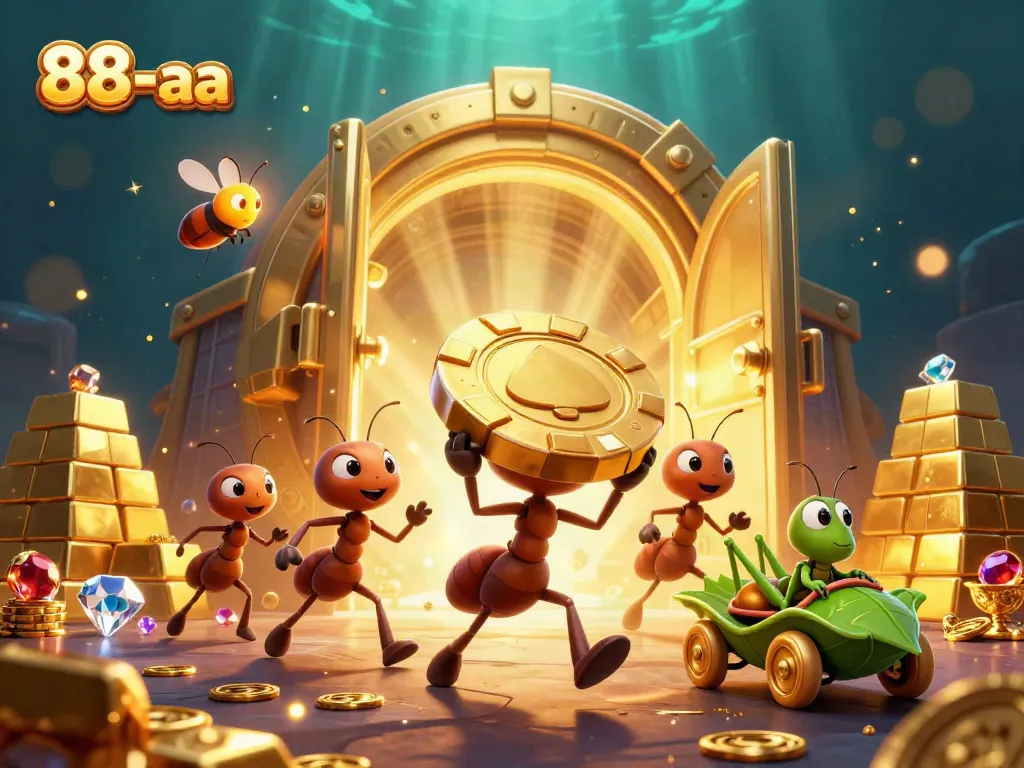 Ants stealing a giant poker chip in a vibrant casino heist scene representing 88-aa.