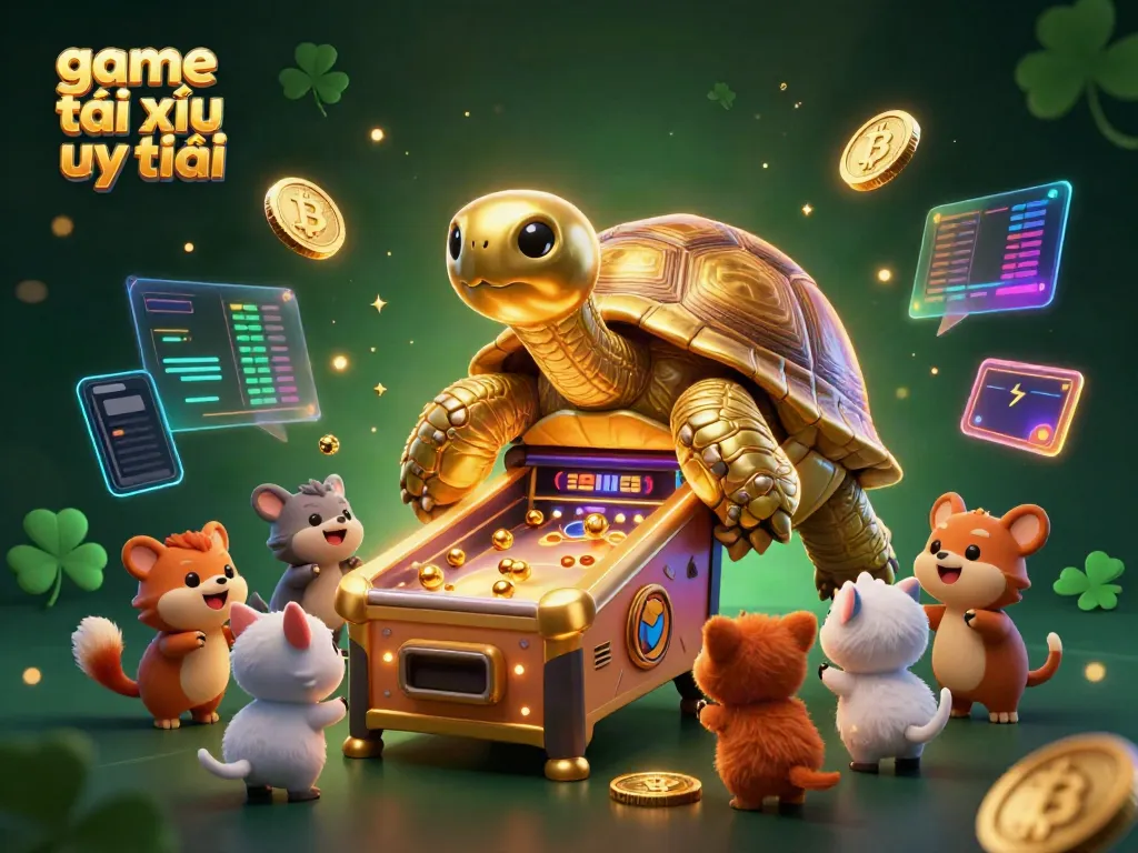 Engage in game tài xỉu uy tín with a lively scene showcasing a golden tortoise pinball machine.