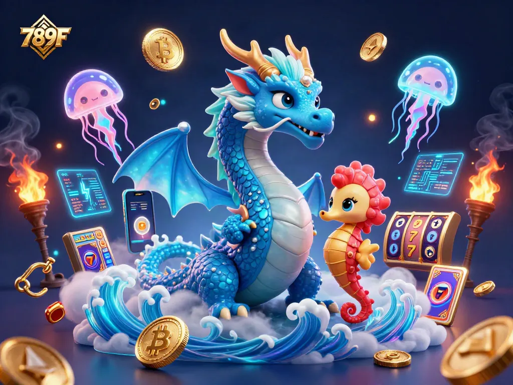 Engage with 789F's vibrant casino scene featuring a dragon and seahorse knight among dynamic game elements.
