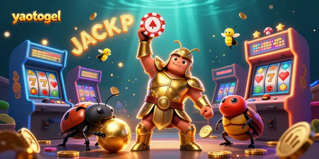Engage in thrilling casino fun with yaotogel featuring a victorious beetle and jackpot excitement.