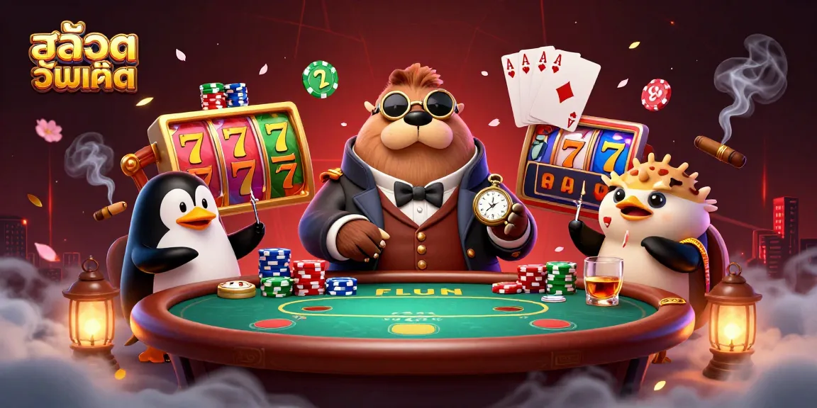 Spin and win with สล็อตอัพเดท at a lively underwater casino featuring jolly characters and dynamic slot elements.