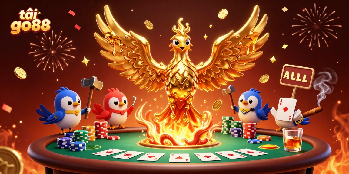 Experience excitement and strategy as you tải go88 with a golden phoenix and poker elements in a vibrant casino scene.