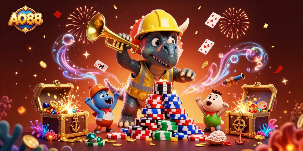 Engage in the exciting world of AO88 casino games with a celebratory scene depicting a triceratops building poker chips.