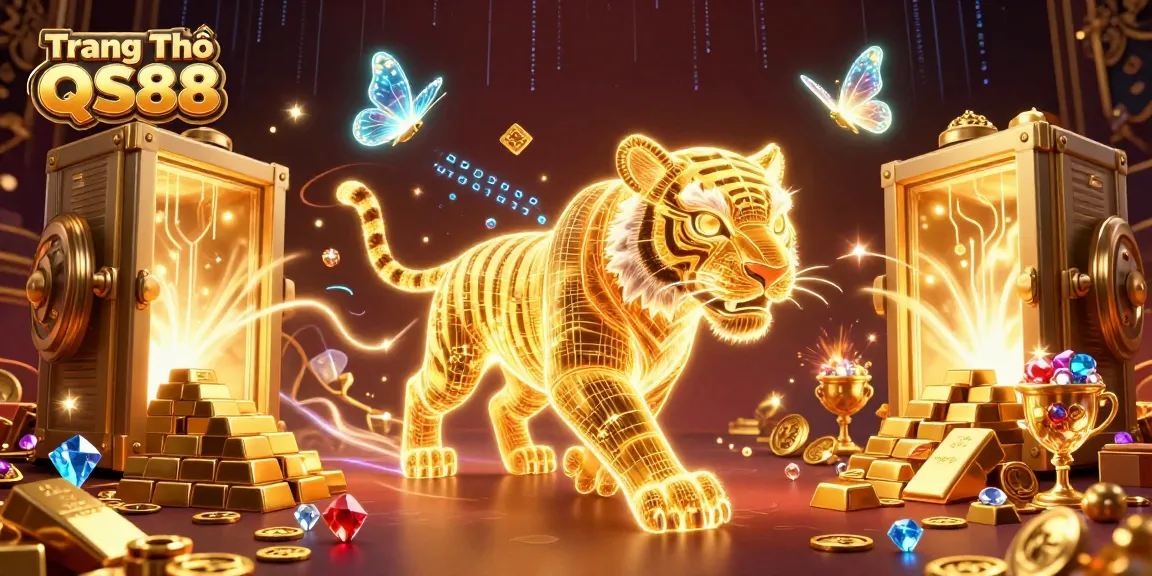 Experience the excitement of Trang Chủ QS88 with golden tigers and shimmering treasures in a vibrant casino scene.