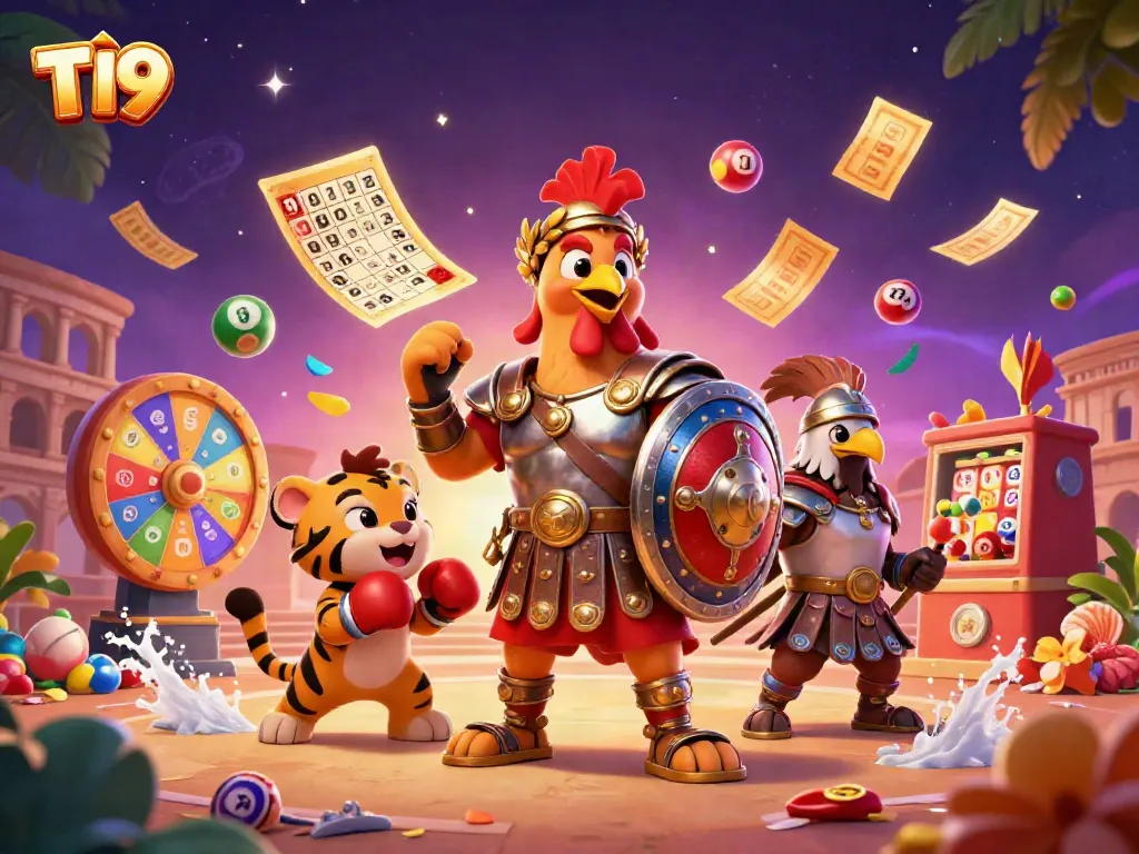 T19 showcases an engaging casino scene featuring a 3D gladiator rooster, tiger cub, and eagle with lottery elements.