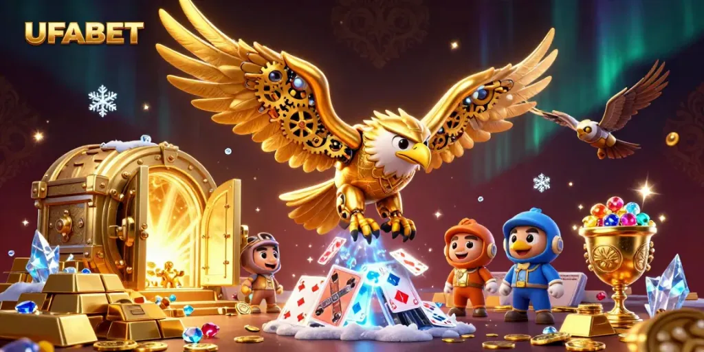 Experience the thrill of UFABET with a vibrant 3D casino scene featuring a golden eagle amid shimmering treasures.
