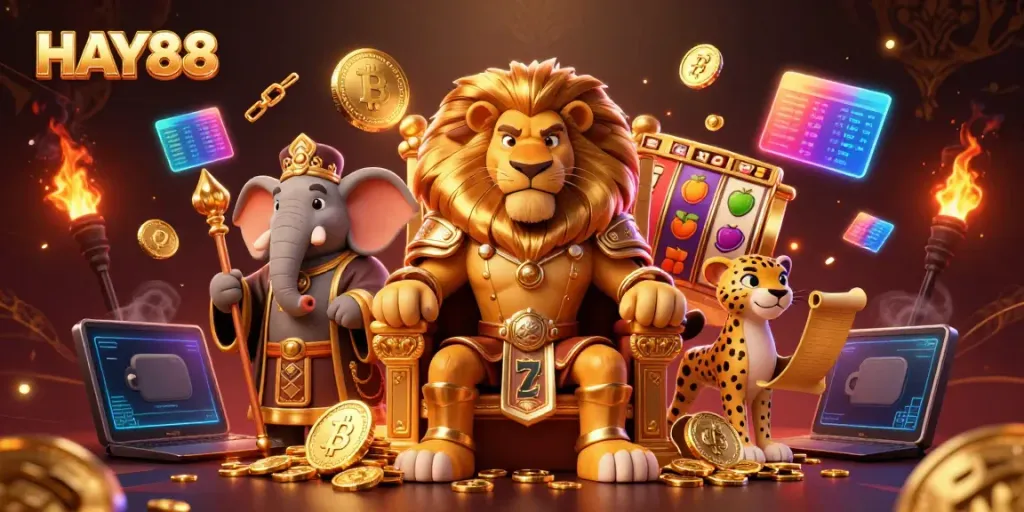 Experience exciting wins at HAY88 with vibrant slot reels and colorful casino elements.