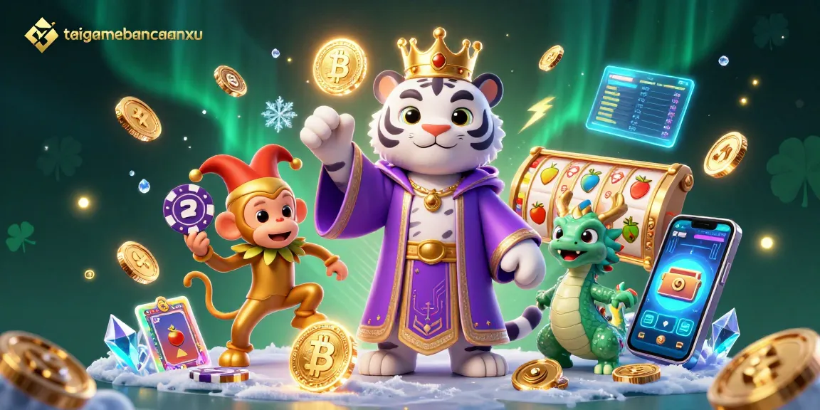 taigamebancaanxu features an elegant white tiger with crypto coins and slot reels in a dynamic casino scene