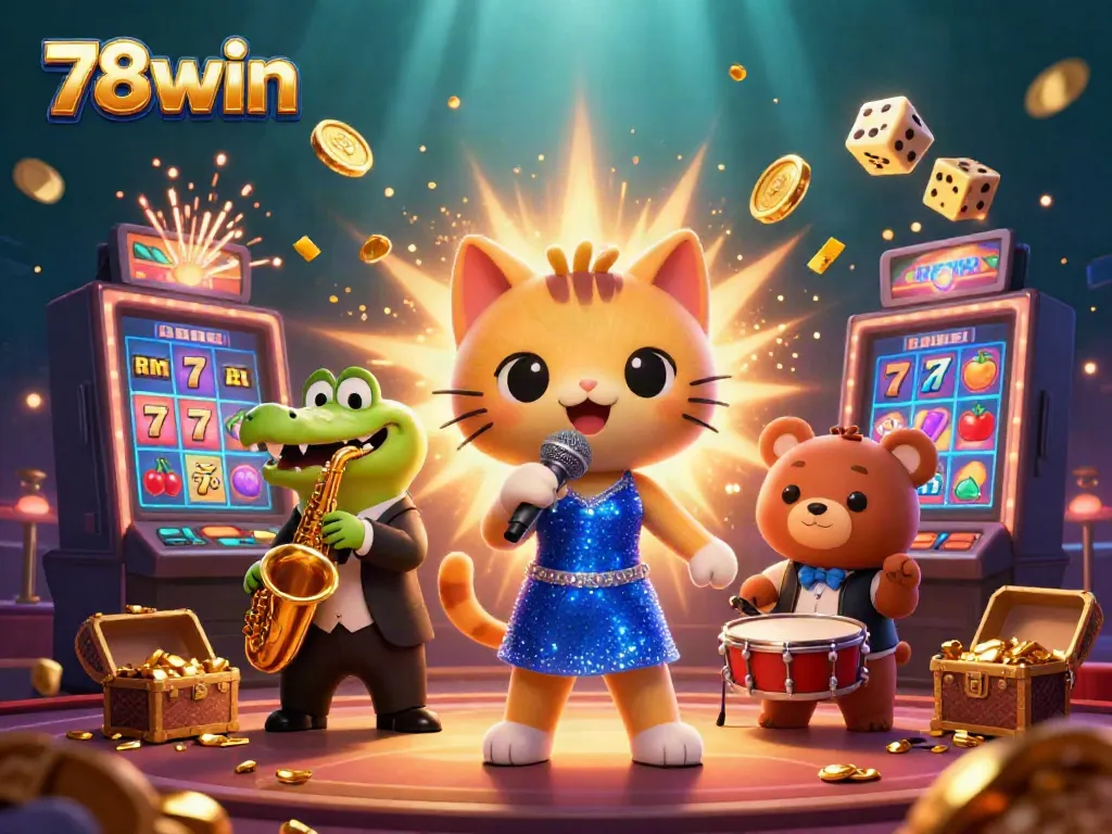 Experience the excitement of 78win casino with a jazzy scene of animated characters and vibrant games.