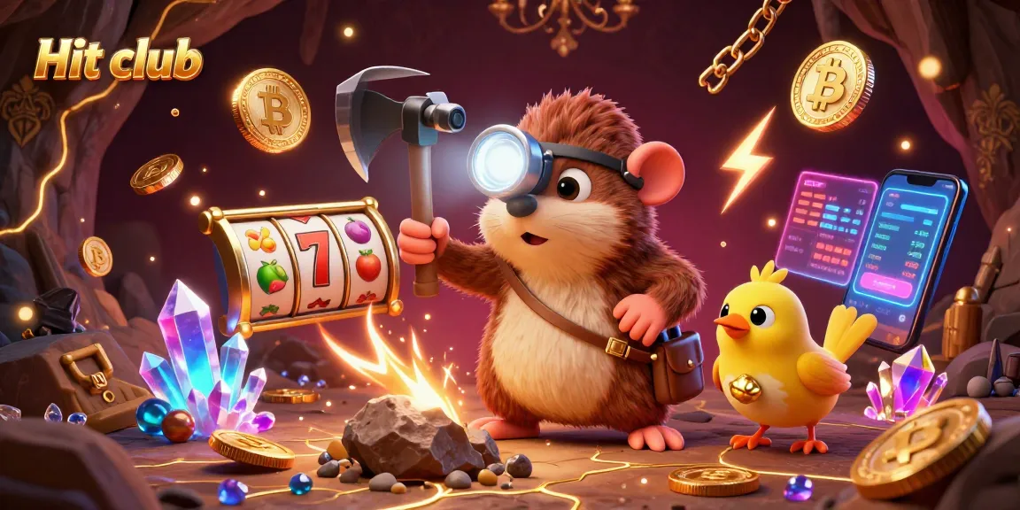 Spin and win at Hit club with dynamic slot elements, a treasure hunter, and a vibrant mining scene.