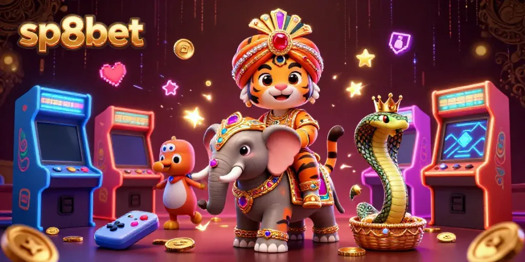 Experience the vibrant world of sp8bet with a 3D illustration of an Indian maharaja tiger in a dynamic casino scene.