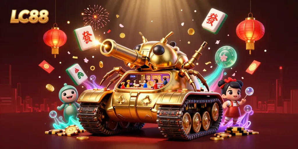 Experience the excitement of the LC88 casino in a vibrant 3D illustration filled with festive elements.
