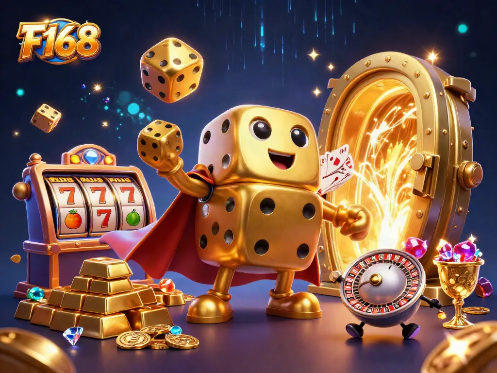 Engage in thrilling F168 gaming action with vibrant visuals of slots, dice, and treasures.
