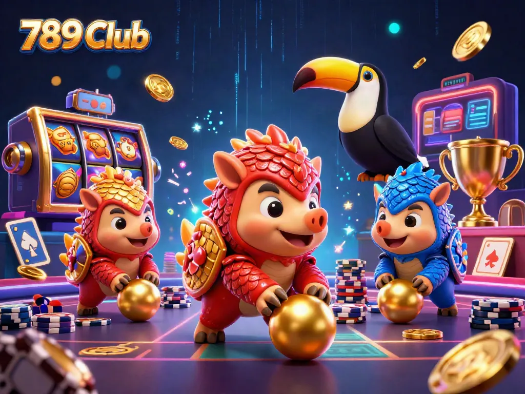 Join the excitement at 789 Club as rival pangolins roll through poker chips and slot reels in a vibrant casino.