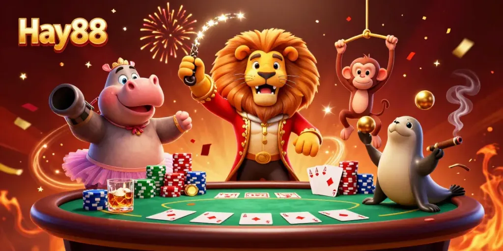 Explore Hay88's vibrant casino world with lively characters, poker elements, and festive atmosphere.
