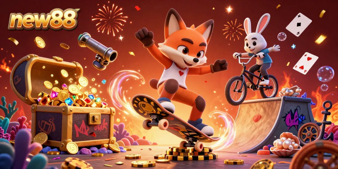 Experience exciting gameplay with new88 as a cartoon fox kicks off over golden poker chips in a colorful gaming scene.
