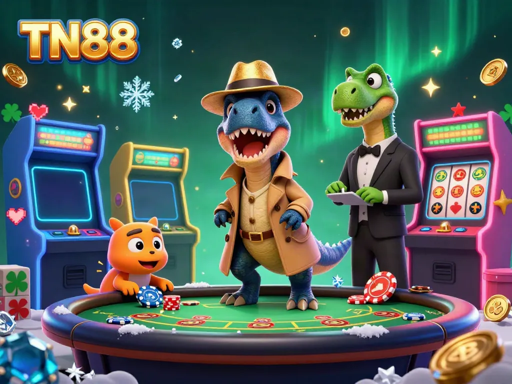 At the TN88 casino, a velociraptor plays blackjack while a stegosaurus supervises, capturing a lively casino scene.