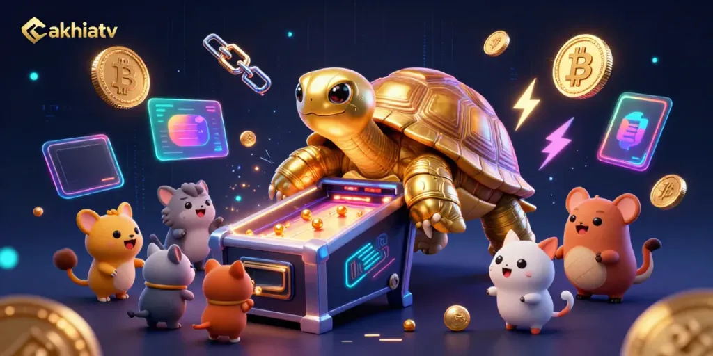 Cakhiatv captures thrilling gameplay with a lively tortoise pinball character and glowing cryptocurrency elements.