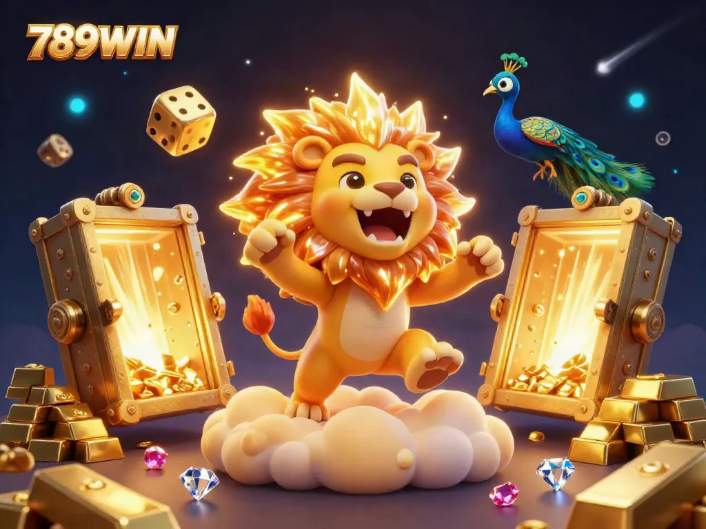 Win big with 789WIN in this vibrant casino scene featuring a roaring lion and dazzling treasures.