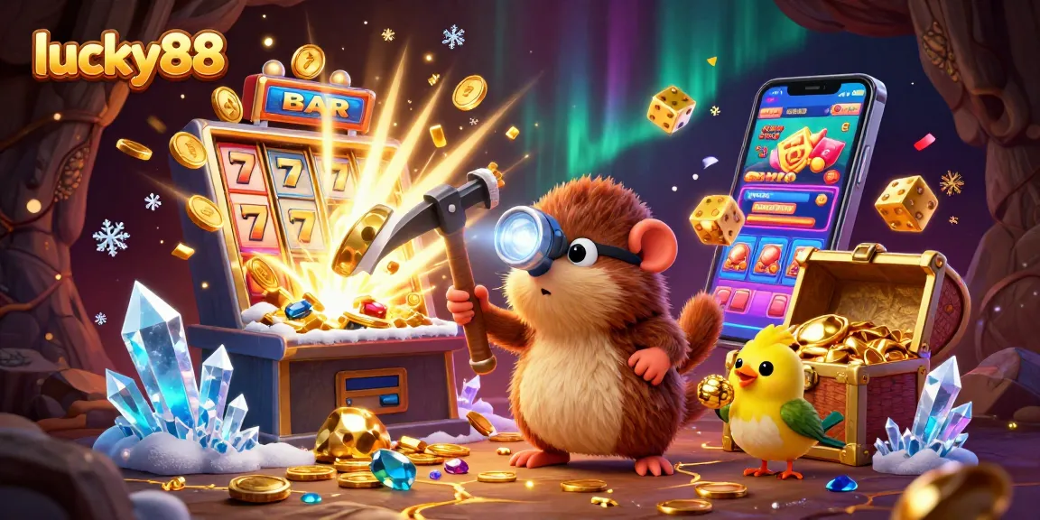Experience lucky88 action with a cartoon treasure hunter mole and dazzling slot machine explosion.
